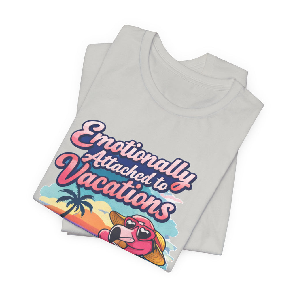 T-Shirt — "Emotionally Attached to Vacations" Retro Flamingo Beach Tee