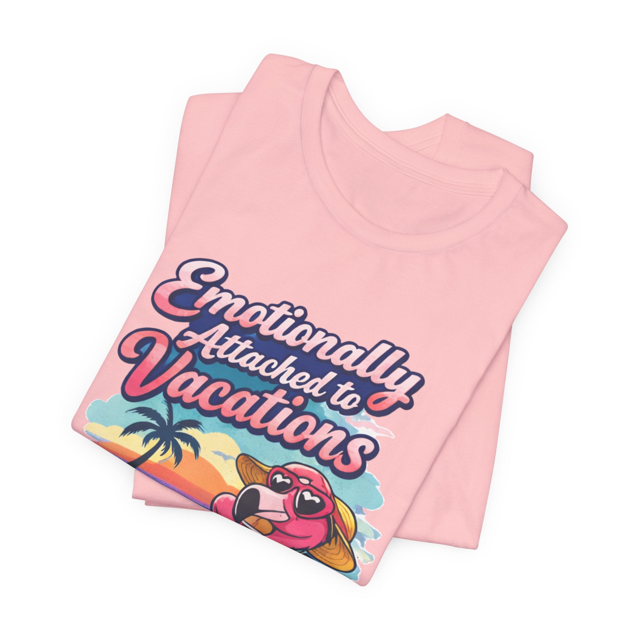 T-Shirt — "Emotionally Attached to Vacations" Retro Flamingo Beach Tee