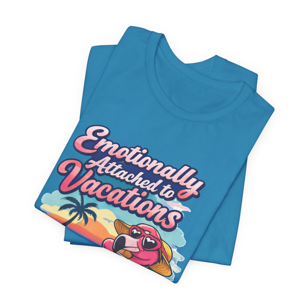 T-Shirt — "Emotionally Attached to Vacations" Retro Flamingo Beach Tee